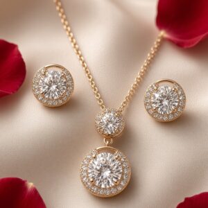 The Royal Solitaire Halo Diamond-Style Drop Pendant Set-Gold Finish