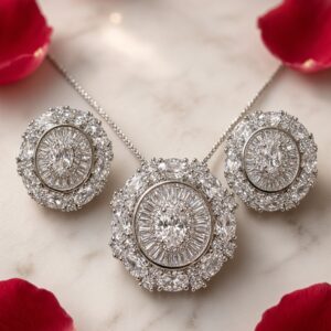 The Imperial Sunburst Baguette And Oval Halo Pendant Set-Platinum Finish
