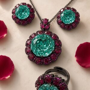 The Royal Paraiba Tourmaline And Ruby Statement Combo Set-Black Rhodium Finish