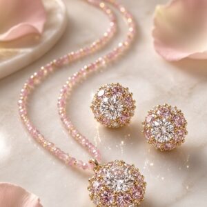 Imperial Pink Tourmaline Beaded Solitaire Pendant Set-Gold Finish