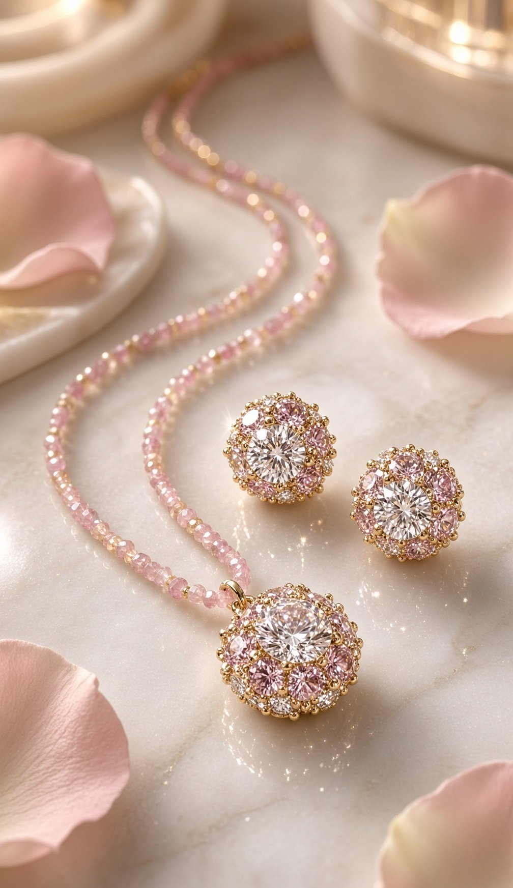 Imperial Pink Tourmaline Beaded Solitaire Pendant Set-Gold Finish