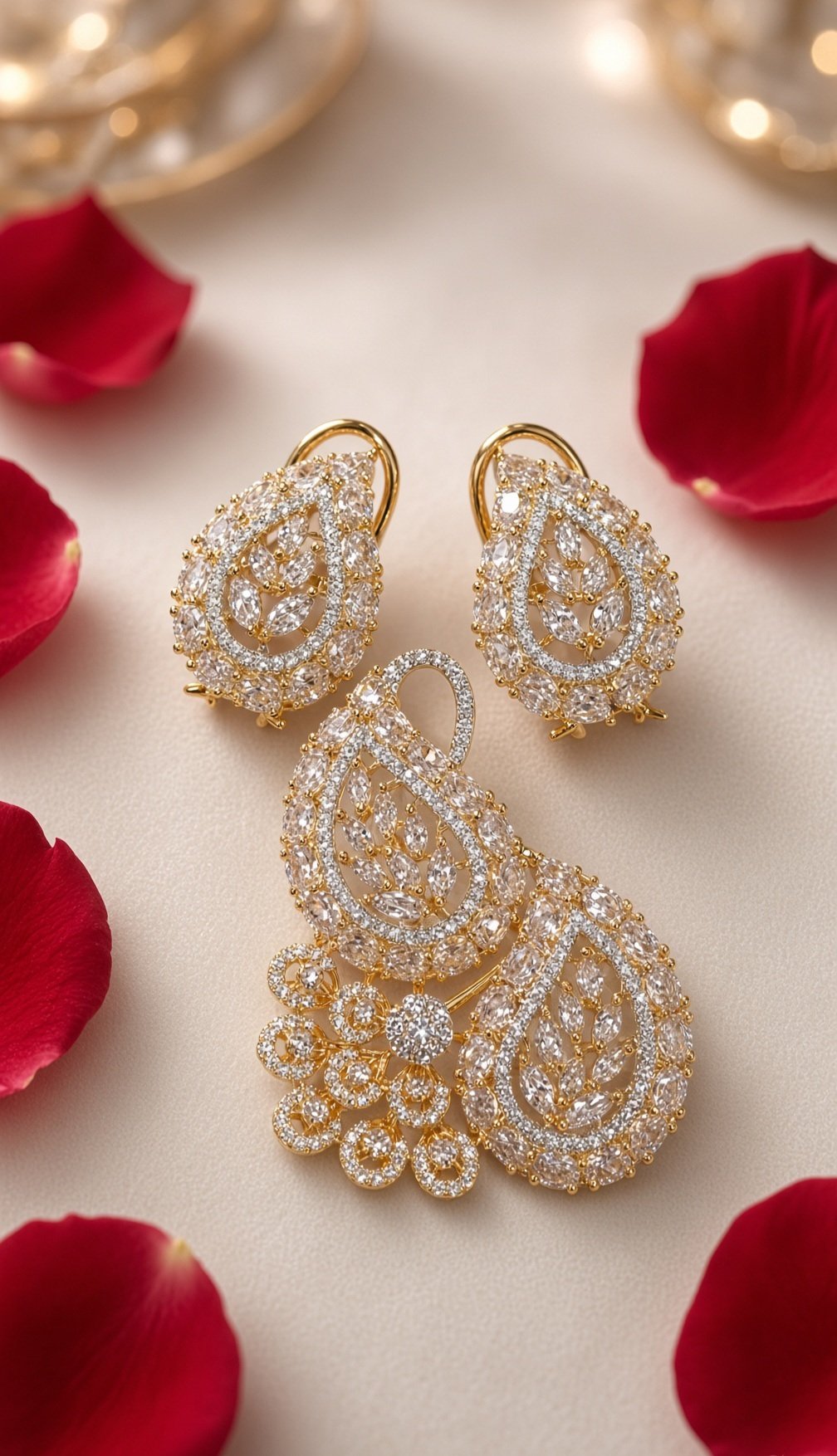 Imperial White Cubic Zirconia Leaf Pendant Set-Gold Finish