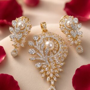 The Pure Ivory Pearl And Zircon Pendant Set-Gold Finish