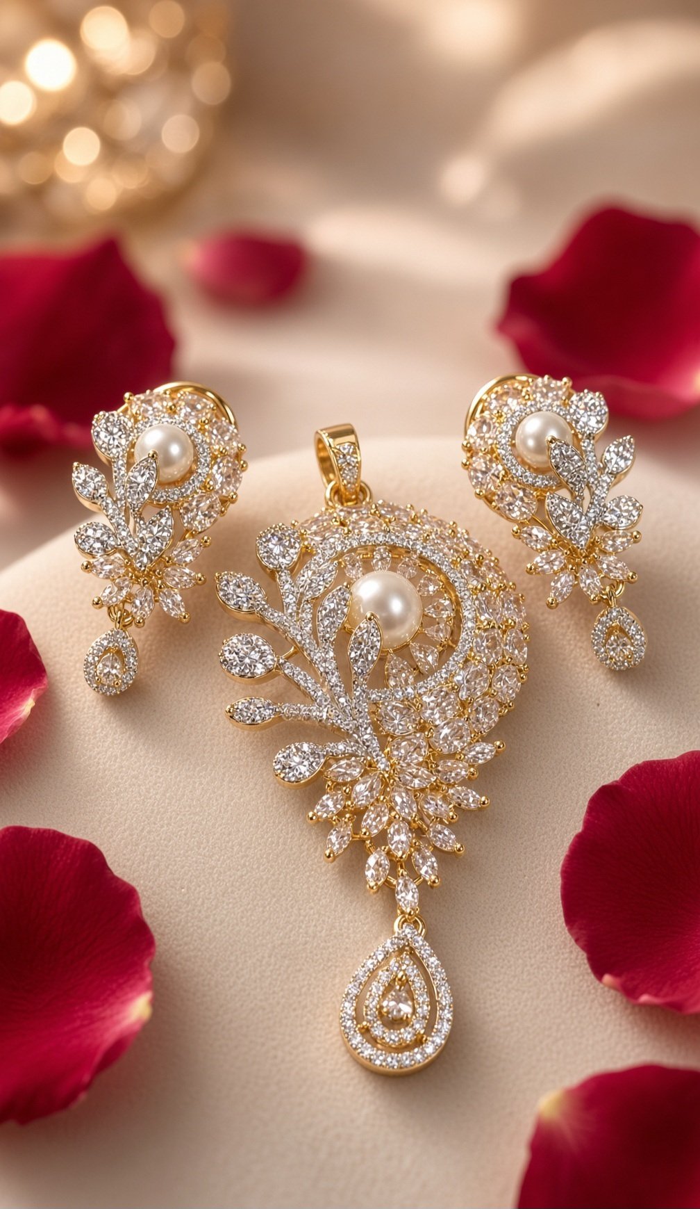 The Pure Ivory Pearl And Zircon Pendant Set-Gold Finish
