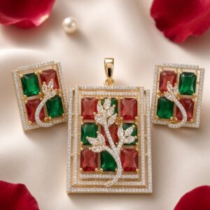 The Royal Mosaic Emerald And Ruby Vine Rectangular Pendant Set-Gold Finish
