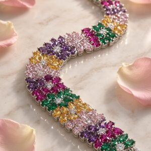 The Navratana Blossom Rainbow Gemstone Link Floral Bracelet-Platinum Finish