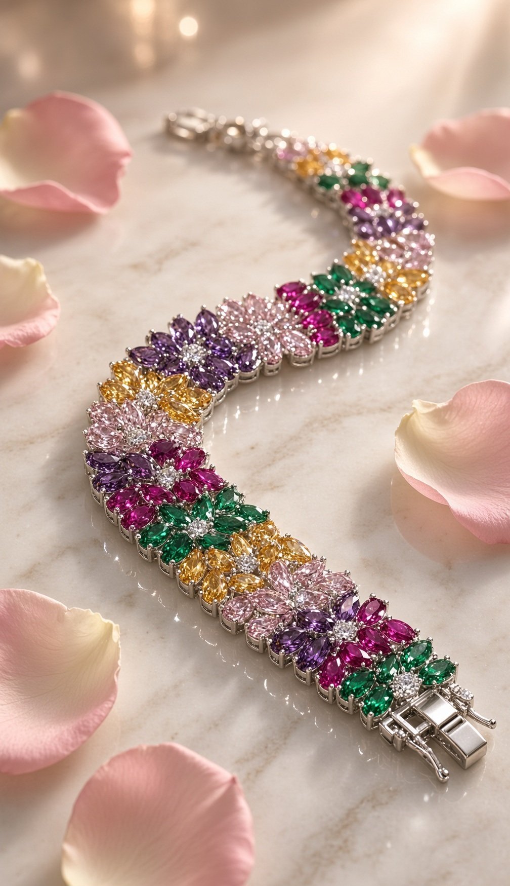 The Navratana Blossom Rainbow Gemstone Link Floral Bracelet-Platinum Finish