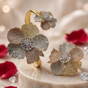 The Bloom Radiance Tri-Color Diamond-Style Floral Kada Bracelet With Ring-Gold Finish (ring size 9)