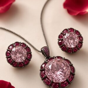 Aethelgard Brilliant-Cut Pink Tourmaline And Crimson Pendant Set-Black Rhodium Finish