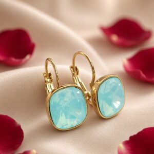Aquamarine Cushion-Cut Leverback Drop Earrings-Gold Finish