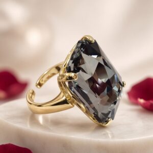 Smoky Quartz Noir Faceted Cocktail Adjustable Ring-Gold Finish