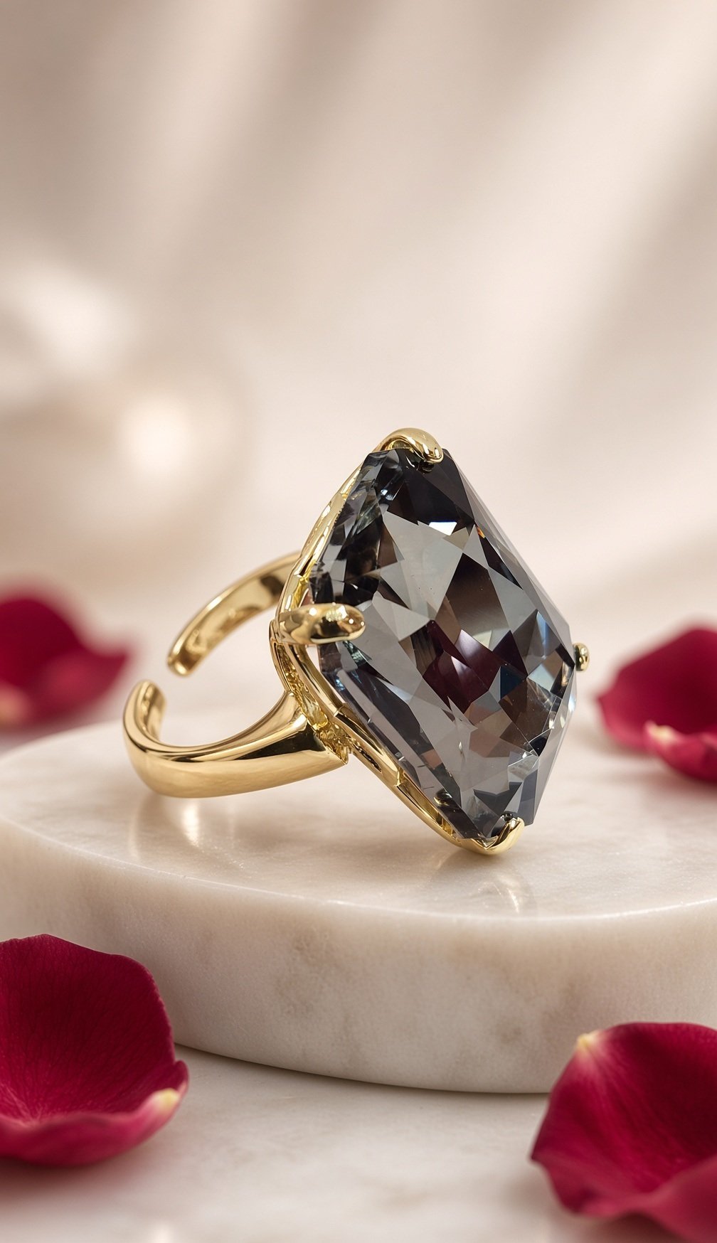 Smoky Quartz Noir Faceted Cocktail Adjustable Ring-Gold Finish