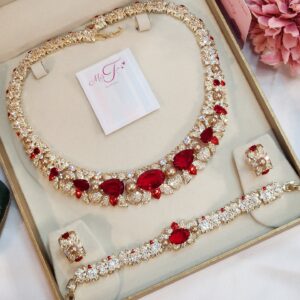 Dreamweaver Ruby Italian Setting Zirconia Choker Necklace set With Earrings And Bracelet - Gold Finish