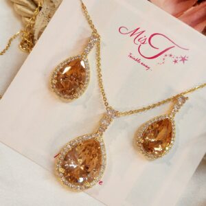 Golden Pear-Shaped Citrine Pendant Necklace & Earring Set with Diamond Halo – Luxury Jewelry Collection