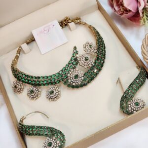 The Roseate Royale: Premium Emerald Green Zirconia & Antique-Finish Floral Suite