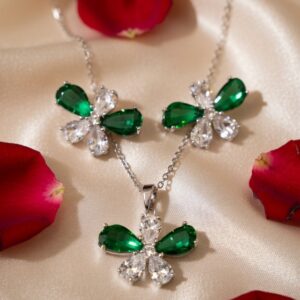 Elegant Emerald Drop Pendant Set With Earrings