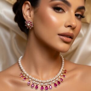 Pearls Power Ruby Choker Set in Golden Finish