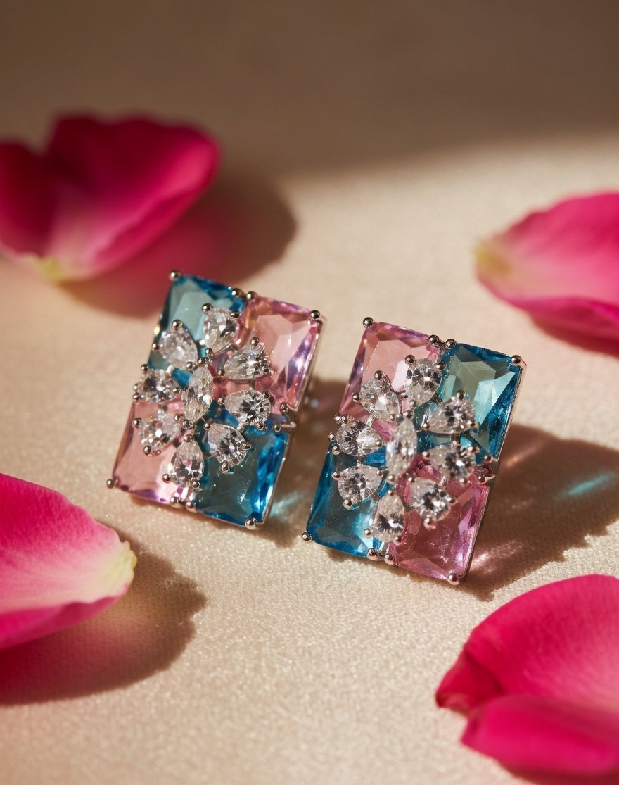 Bi-Colour Pink And Blue Crystal Studs-Platinum Finish - Image 2