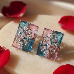 Bi-Colour Pink And Blue Crystal Studs-Platinum Finish