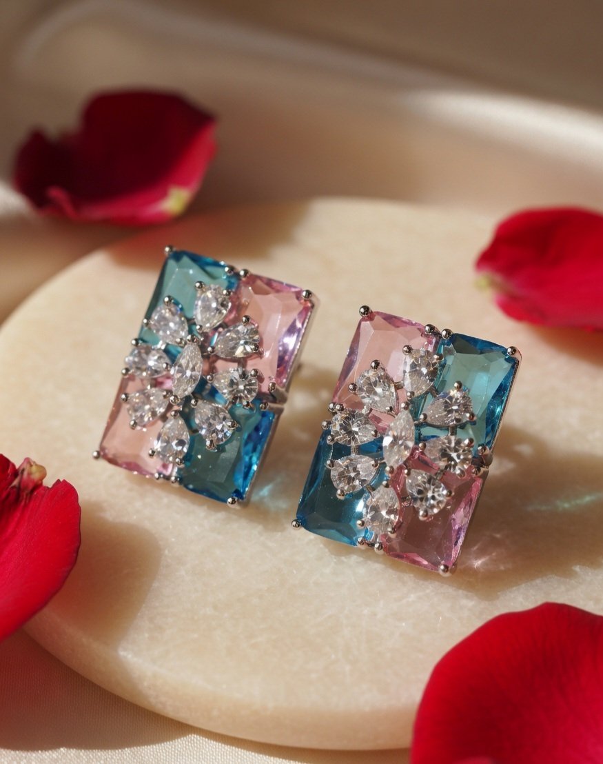 Bi-Colour Pink And Blue Crystal Studs-Platinum Finish