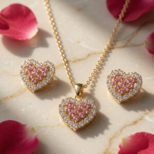 Romantic Pink Heart Earrings and Necklace