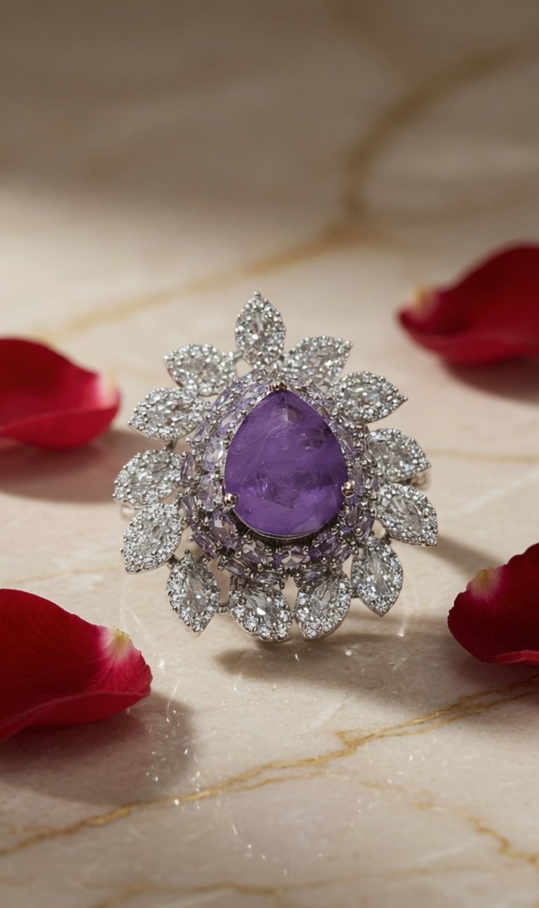 Amethyst Bloom Statement Ring-Platinum Finish