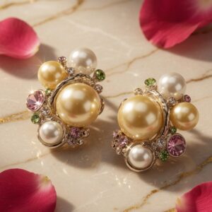 Aurora Pearl Cluster Earrings-Gold Finish