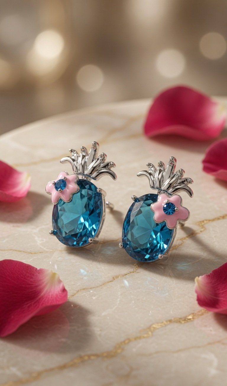 Royal Blue Flora Stud Earrings-Platinum Finish - Image 2