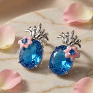 Royal Blue Flora Stud Earrings-Platinum Finish
