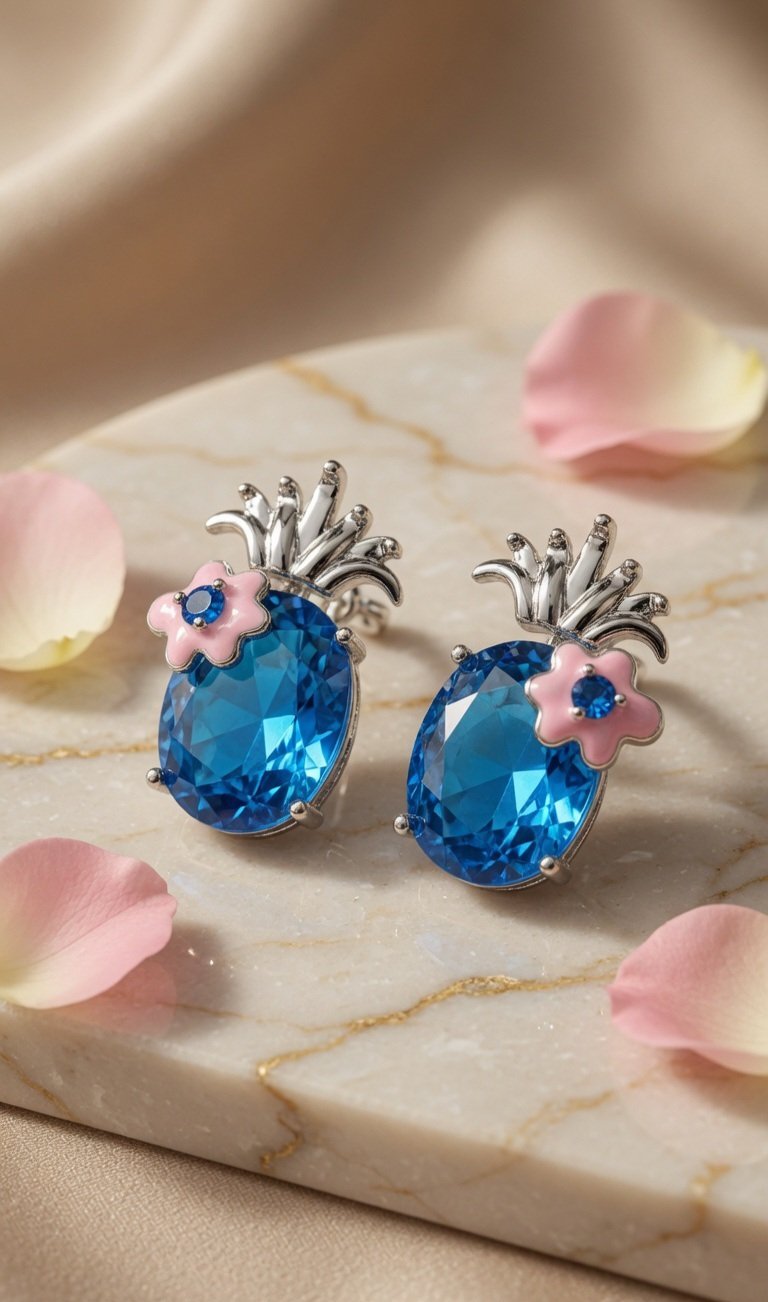 Royal Blue Flora Stud Earrings-Platinum Finish