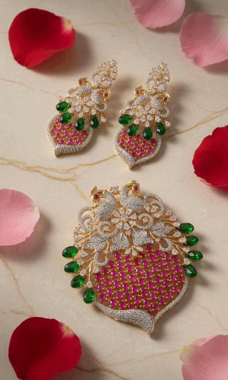 Dual Peacock Pendant Drop Earrings Pendant Set-Gold Finish - Image 2