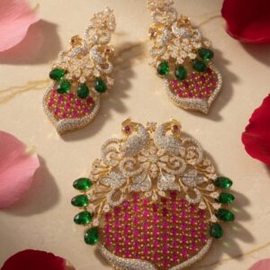 Dual Peacock Pendant Drop Earrings Pendant Set-Gold Finish