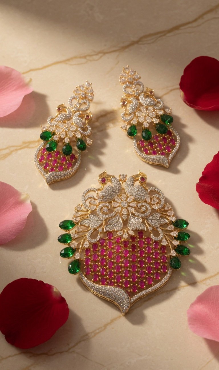 Dual Peacock Pendant Drop Earrings Pendant Set-Gold Finish