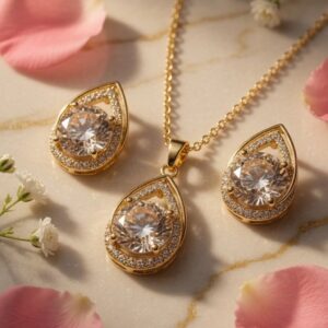 Ornate Halo-Framed Pear Teardrop Pendant Set-Gold Finish