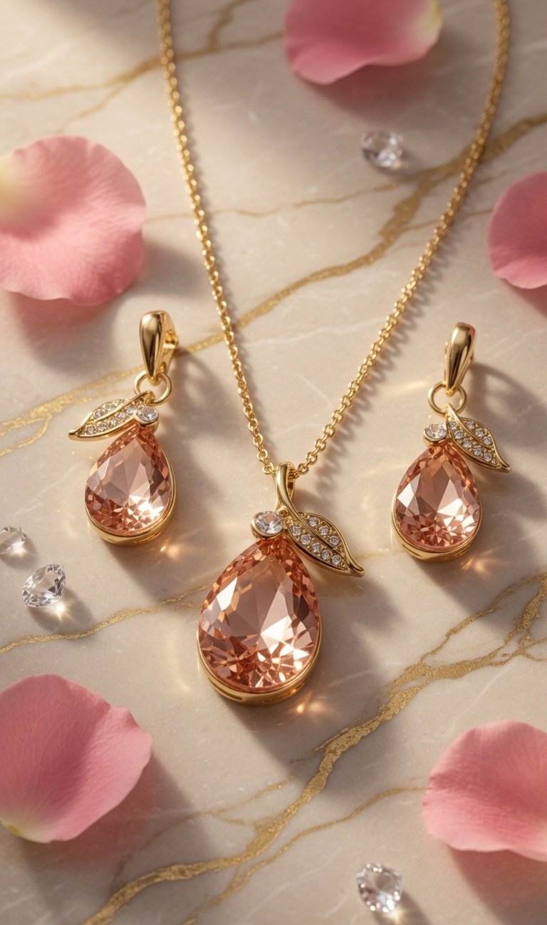 Champagne Morganite Pear-Cut Jewelry Set With Pavè Leaf Accent-Gold Finish - Image 2