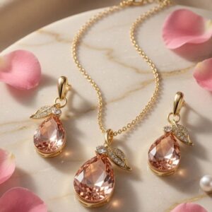 Champagne Morganite Pear-Cut Jewelry Set With Pavè Leaf Accent-Gold Finish