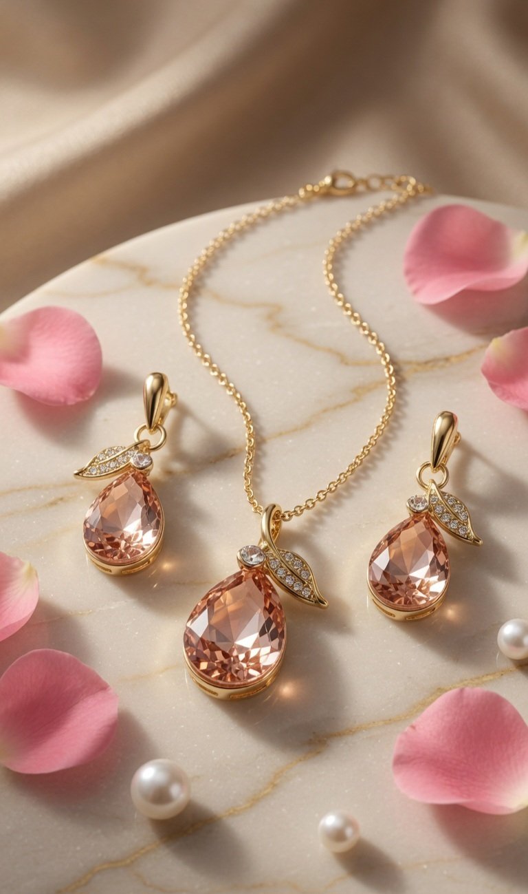 Champagne Morganite Pear-Cut Jewelry Set With Pavè Leaf Accent-Gold Finish