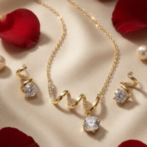 Pearl Contemporary Spiral Gold Necklace With Solitaire Drop-Gold Finish