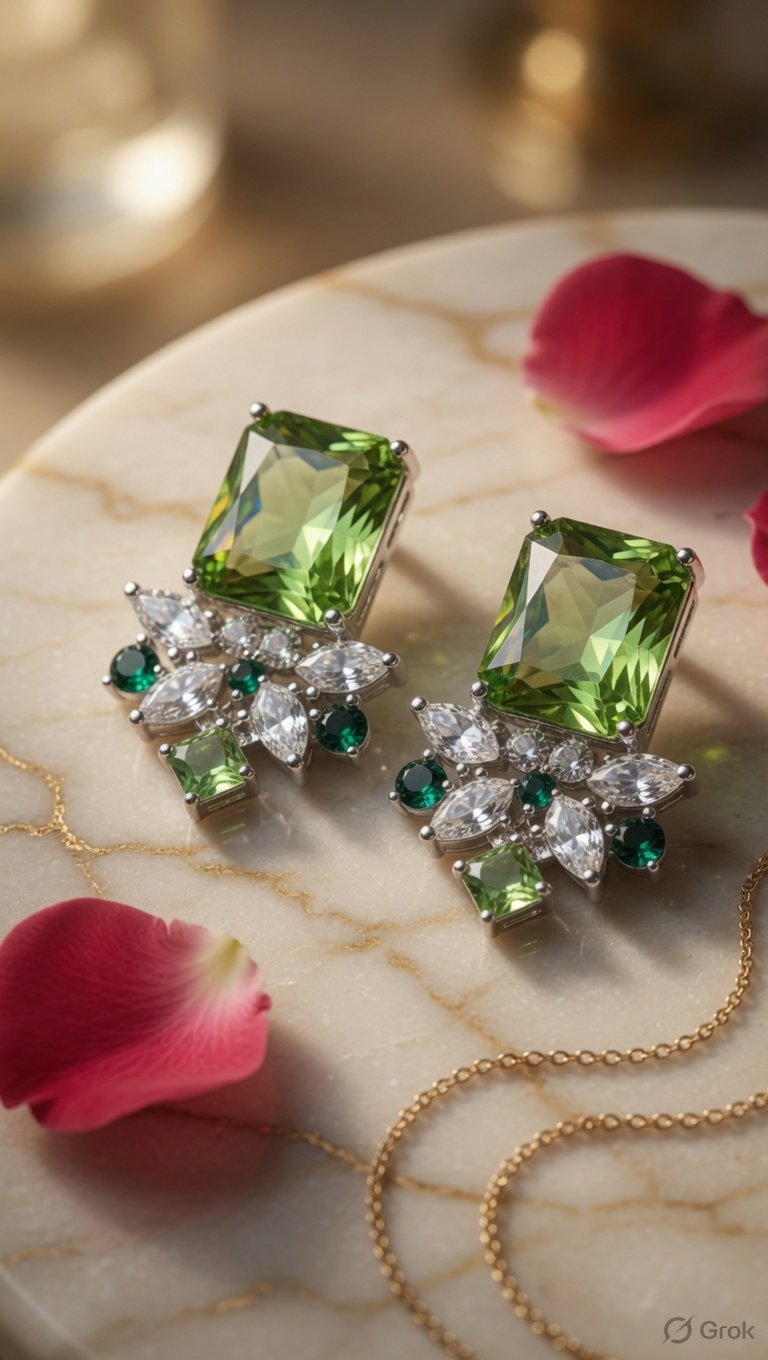 Aria Olive Green Peridot Marquise Earrings-Platinum Finish