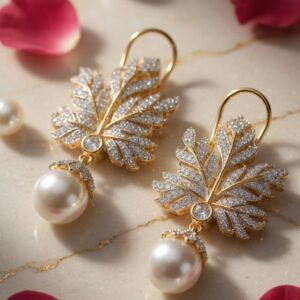 Lumière Botanical Laurel Pearl Drop Earrings-Gold Finish