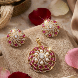 The RoyalPinwheel Ruby And Pearl Pendant Set-Gold Finish