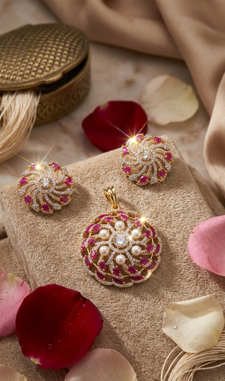 The RoyalPinwheel Ruby And Pearl Pendant Set-Gold Finish