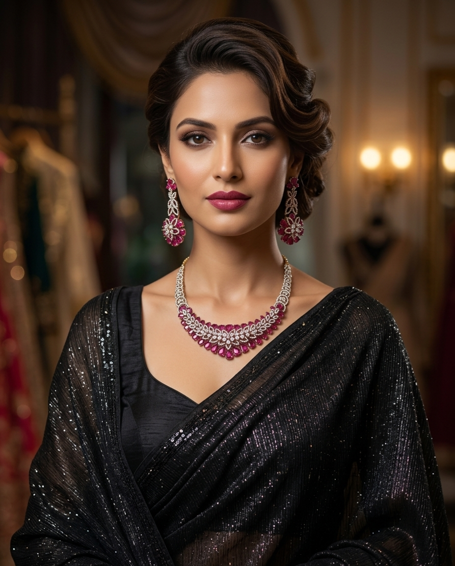 Fuchsia Royale Pink Tourmaline Ruby And Diamond Bridal Choker Set-Platinum Finish - Image 2
