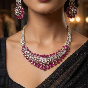 Fuchsia Royale Pink Tourmaline Ruby And Diamond Bridal Choker Set-Platinum Finish