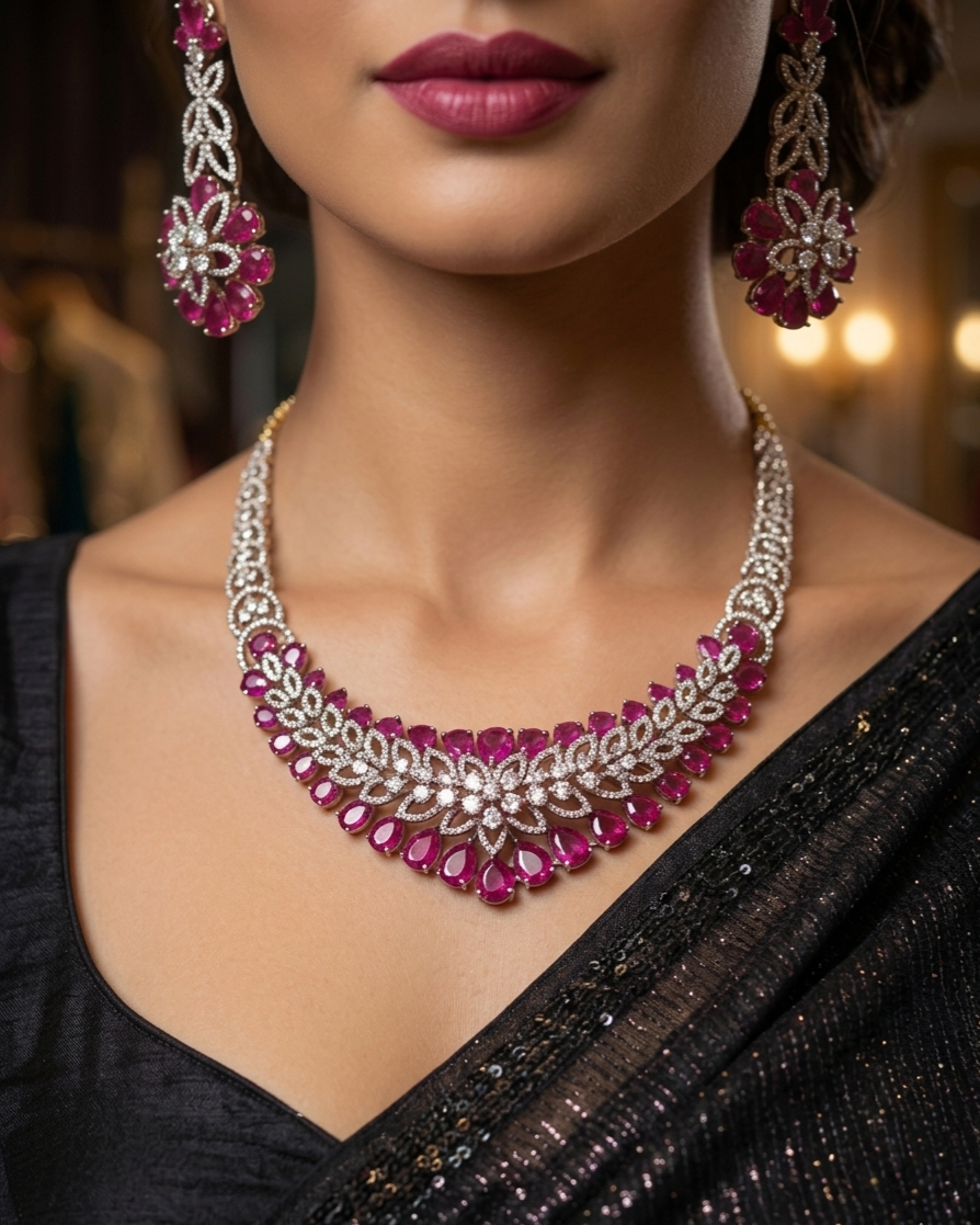 Fuchsia Royale Pink Tourmaline Ruby And Diamond Bridal Choker Set-Platinum Finish