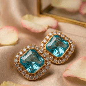 Imperial Aquamarine And Diamond Geometric Studs-Gold Finish