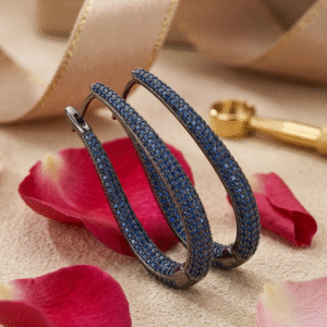 Midnight Sapphire Pavè Elongated Hoops-Black Rhodium Finish