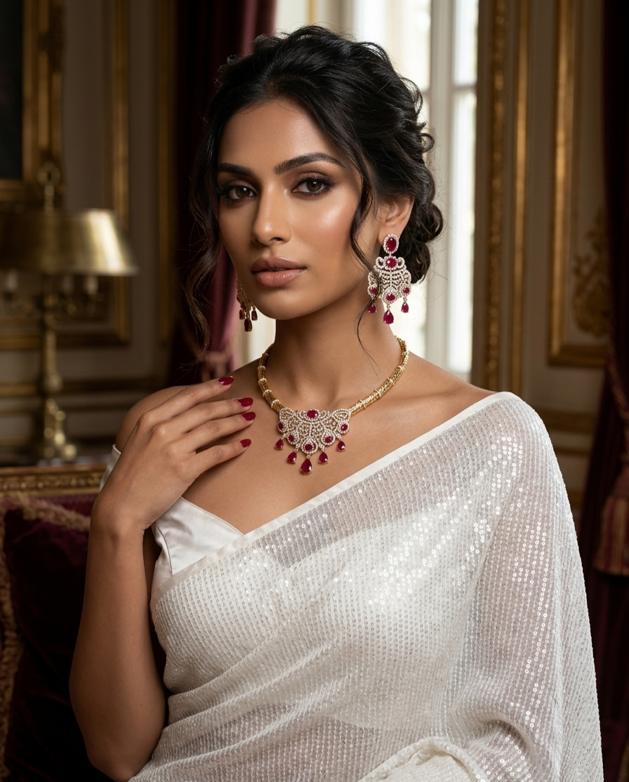 Filigree Diamond Look Ruby Medallion Choker Set-Gold Finish - Image 2