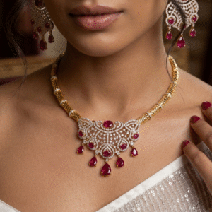 Filigree Diamond Look Ruby Medallion Choker Set-Gold Finish