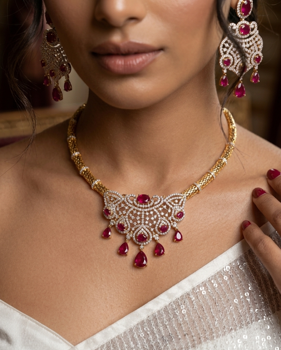 Filigree Diamond Look Ruby Medallion Choker Set-Gold Finish